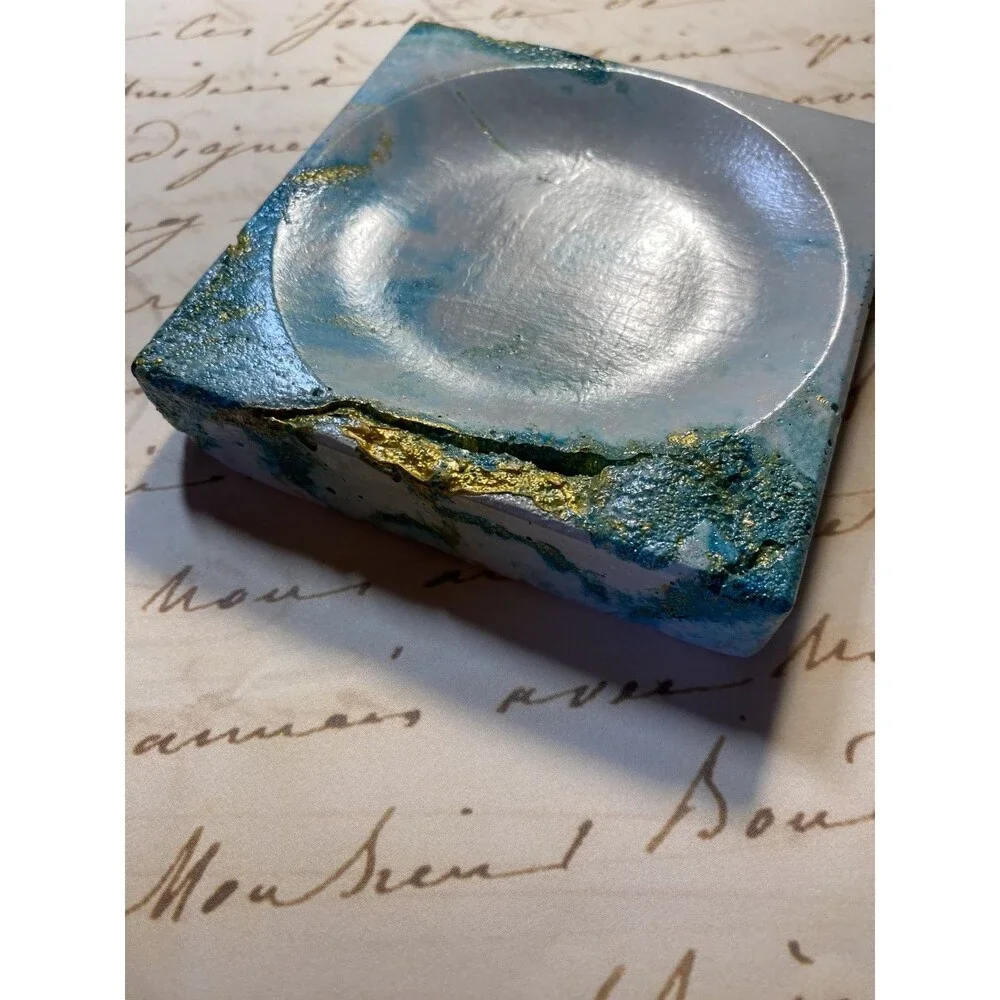 Handmade Soap Dish Cement Soap Holder Square Bathroom Kitchen Teal With Gold